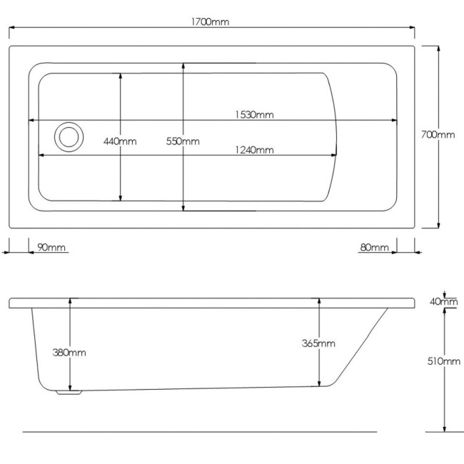 Rutland Square Single Ended Bath - 1700 x 700mm