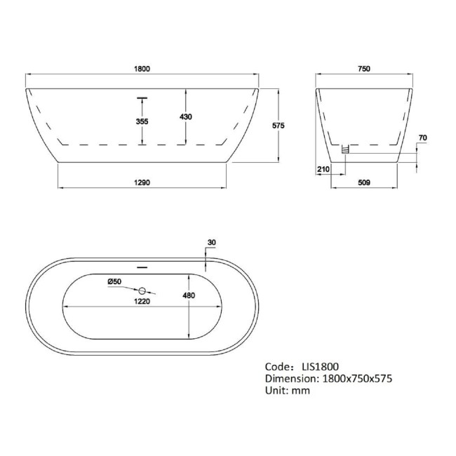 Freestanding Double Ended Bath 1800 x 750mm - Lisbon