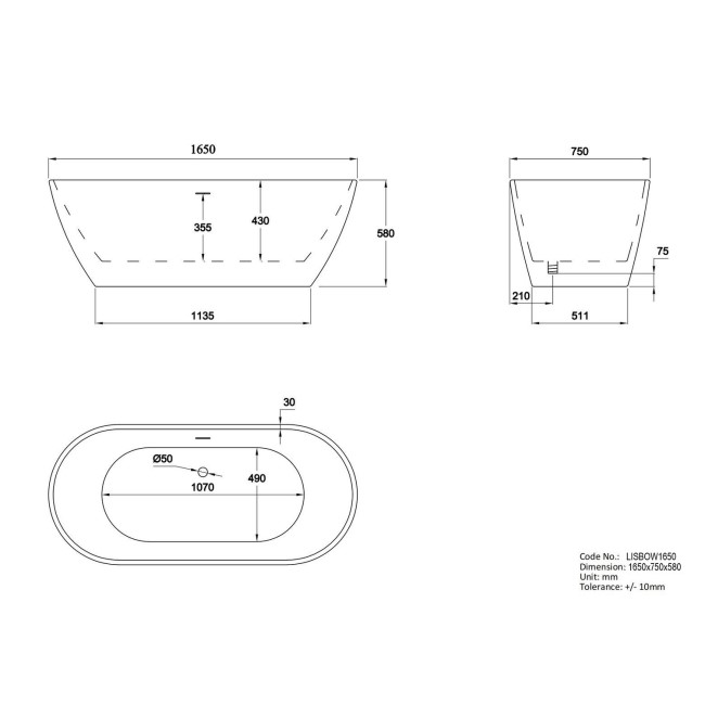 Matt Beige Freestanding Double Ended Bath 1650 x 750mm - Lisbon