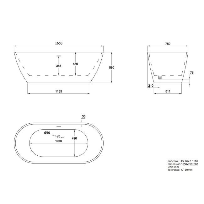 Matt Frappe Freestanding Double Ended Bath 1650 x 750mm - Lisbon