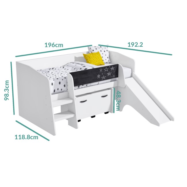 Single White Low Cabin Bed with Slide and Storage Box - Loki