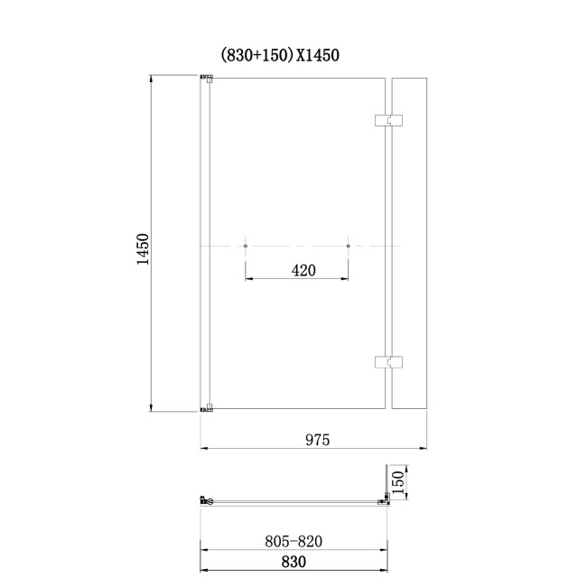 Black Hinged L Shape Shower Bath Screen with Towel Rail 1450 x 975mm - Maia