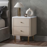 Taupe 2-Drawer Marble Top Fluted Bedside Table - Lucia