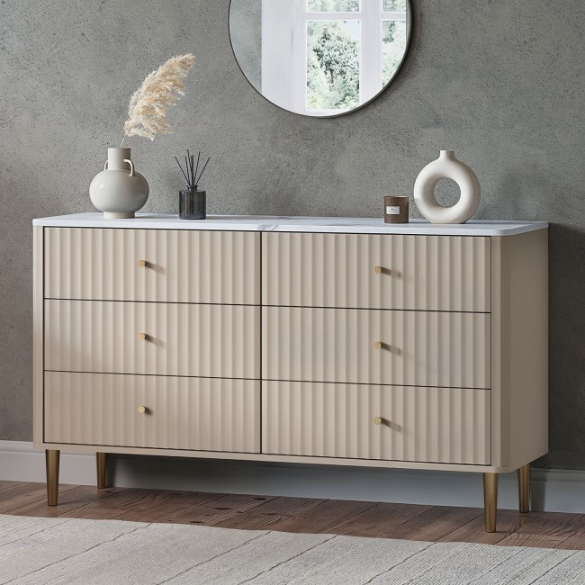 Wide Taupe Marble Top Fluted Chest of 6 Drawers - Lucia