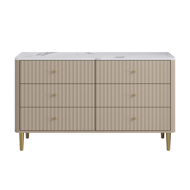 Wide Taupe Marble Top Fluted Chest of 6 Drawers - Lucia