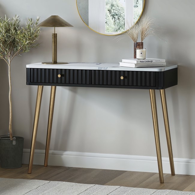 Black Marble Top Fluted Dressing Table with Drawers - Lucia