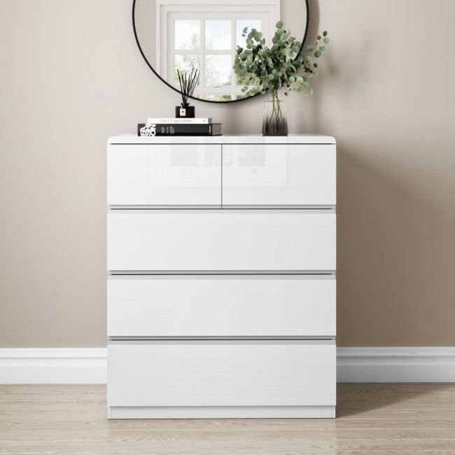 White High Gloss Chest of 5 Drawers - Lyra