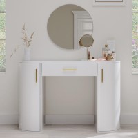 White and Gold Large Dressing Table with Storage Drawer and Shelves - Lily