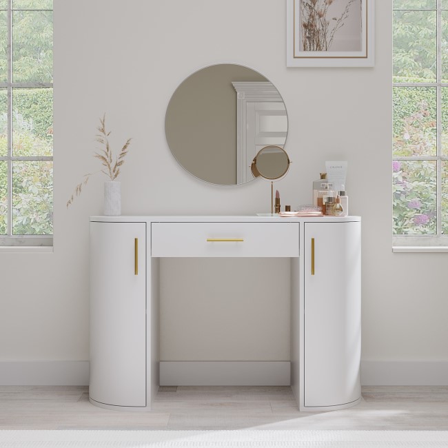 White and Gold Large Dressing Table with Storage Drawer and Shelves - Lily