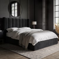 Black Velvet Double Ottoman Bed With Winged Headboard - Maddox