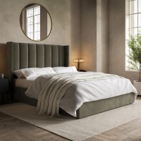 Khaki Velvet King Size Ottoman Bed With Winged Headboard - Maddox