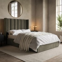 Khaki Velvet Small Double Ottoman Bed With Winged Headboard - Maddox