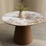 Neutral Ceramic Round Dining Table with Walnut Pedestal Base - Seats 4 - Malia