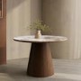 Neutral Ceramic Round Dining Table with Walnut Pedestal Base - Seats 4 - Malia