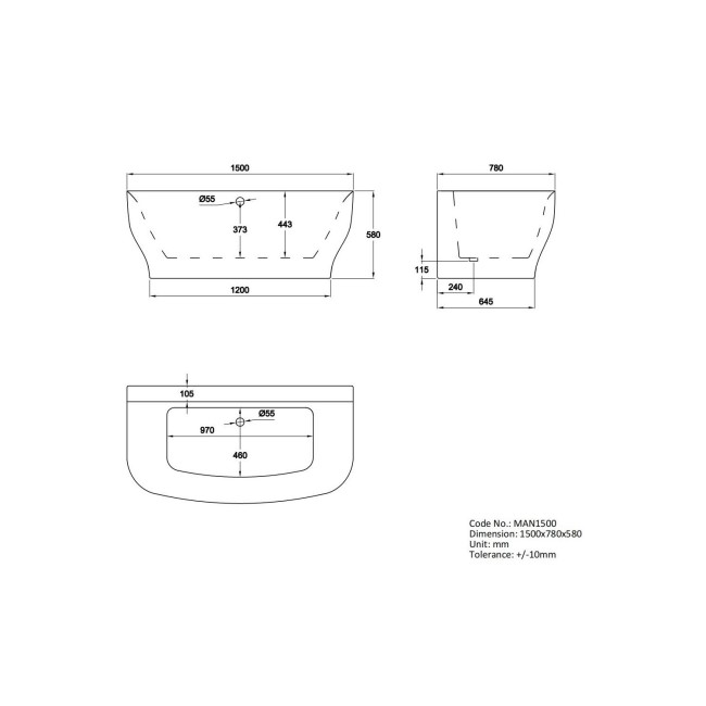 Freestanding Back to Wall Double Ended Bath 1500 x 780mm - Manilla