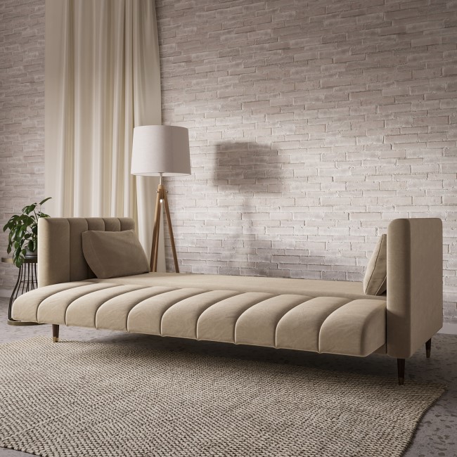 Beige Velvet Click Clack Sofa Bed - Seats 3 - Mabel