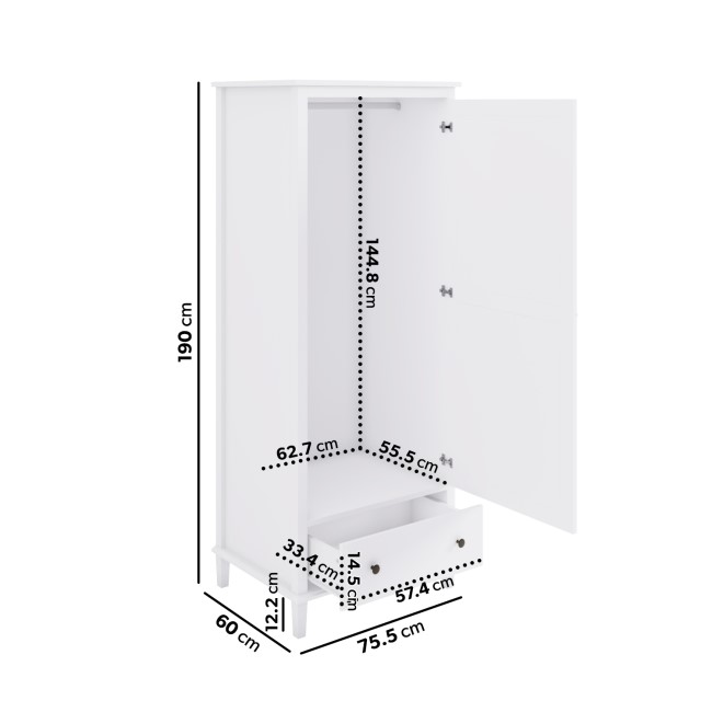 Slim White Single 1 Door Wardrobe with Drawer - Marlowe