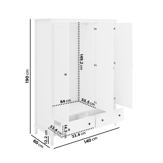 White Wooden 3 Door Triple Wardrobe with Drawers - Marlowe