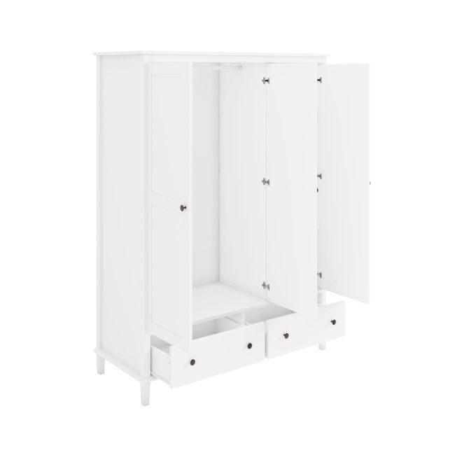 White Wooden 3 Door Triple Wardrobe with Drawers - Marlowe