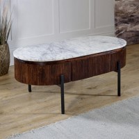 Mango Wood Rectangular Fluted Coffee Table With Marble Top & Metal Legs - Opal