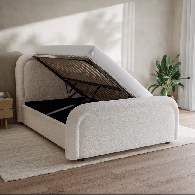 Off-White Boucle Double Ottoman Bed with Curved Headboard - Naomi