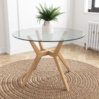 Large Round Glass Top Dining Table with Oak Legs - Seats 4 - Nori