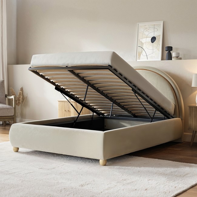 Cream Velvet Double Ottoman Bed with Curved Headboard - Nora