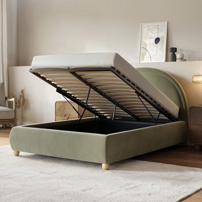 Sage Green Velvet Double Ottoman Bed with Curved Headboard - Nora