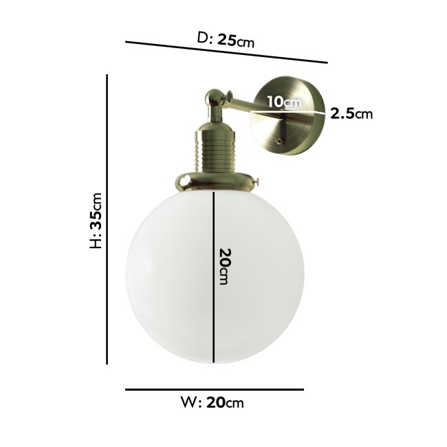 Opal Smooth Glass Globe Wall Light with Brass Finish - Salerno