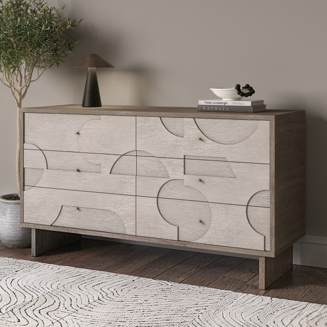 Wide Mango Wood Patterned Chest of 6 Drawers - Octavia