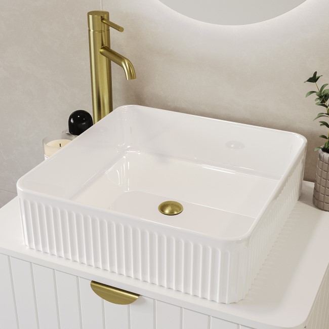 White Square Fluted Countertop Basin 410mm - Oregon