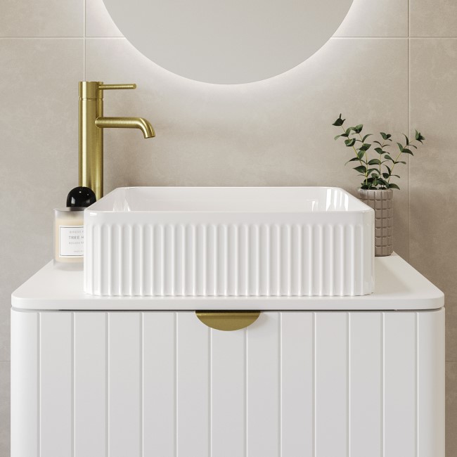 White Square Fluted Countertop Basin 410mm - Oregon