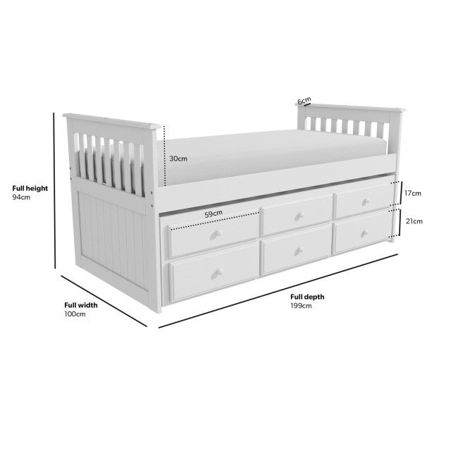 Single White Wooden Guest Bed with Storage and Trundle - Oxford