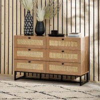 Wide Rattan Chest of 6 Drawers in Oak - Padstow - Julian Bowen