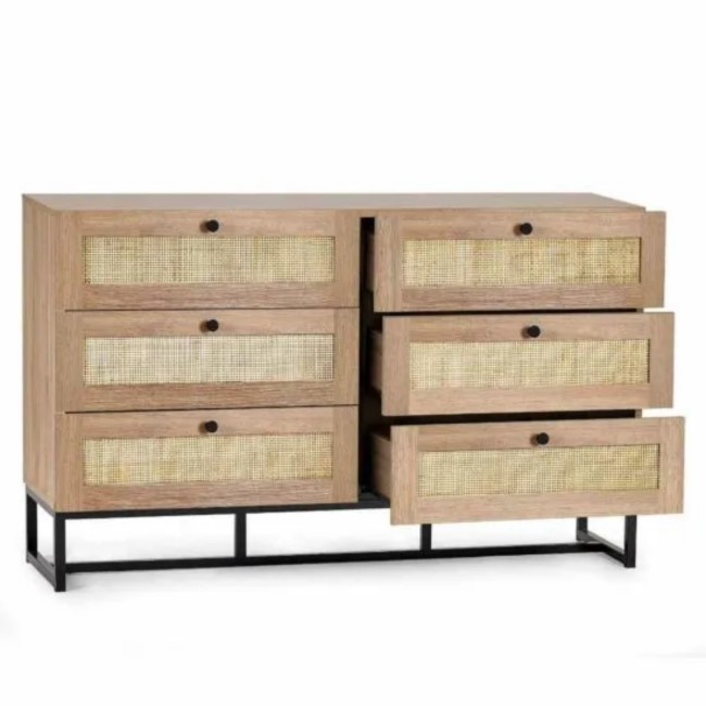 Wide Rattan Chest of 6 Drawers in Oak - Padstow - Julian Bowen