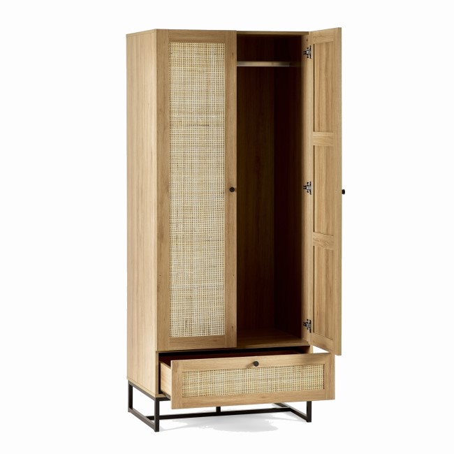 Rattan Rustic 2 Door Double Wardrobe with Drawer - Padstow - Julian Bowen