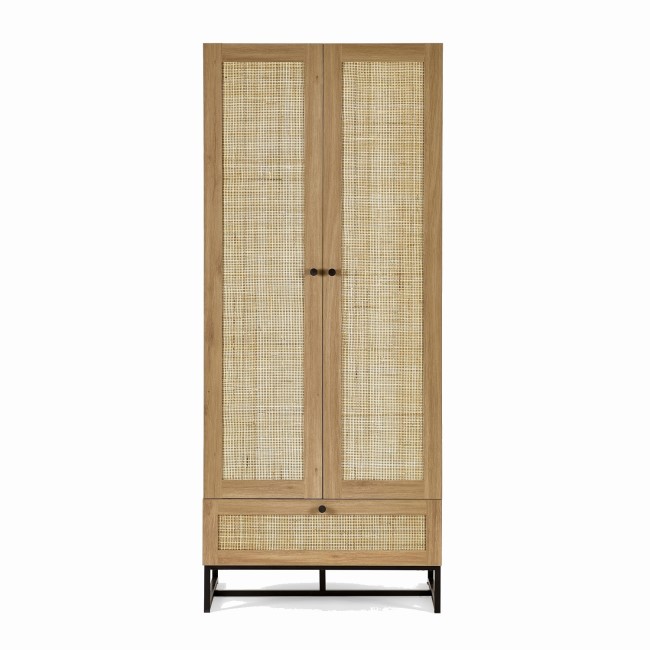 Rattan Rustic 2 Door Double Wardrobe with Drawer - Padstow - Julian Bowen