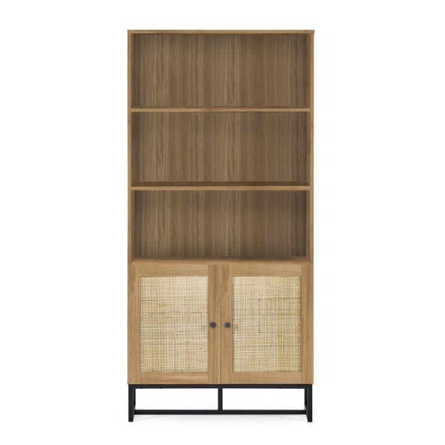 Tall Oak Bookcase with Rattan Doors - 3 Shelves - Padstow