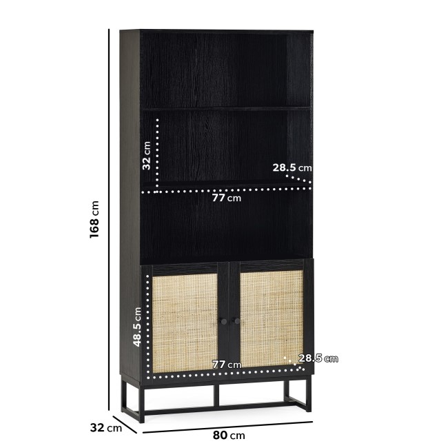 Tall Black Bookcase with Rattan Drawers - 3 Shelves - Padstow