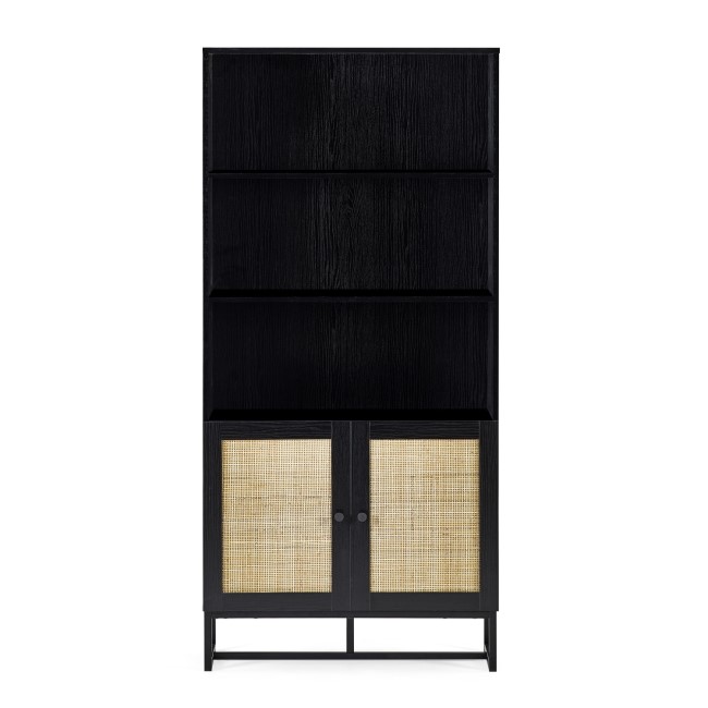 Tall Black Bookcase with Rattan Drawers - 3 Shelves - Padstow