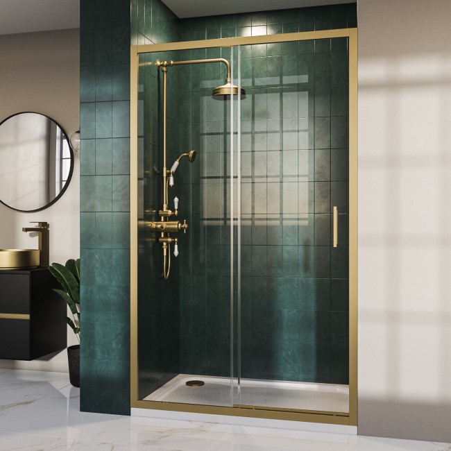 1200mm Brushed Brass Sliding Shower Door 8mm Glass - Pavo