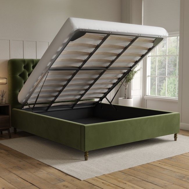 Olive Green Velvet Super King Ottoman Bed with Legs - Pippa