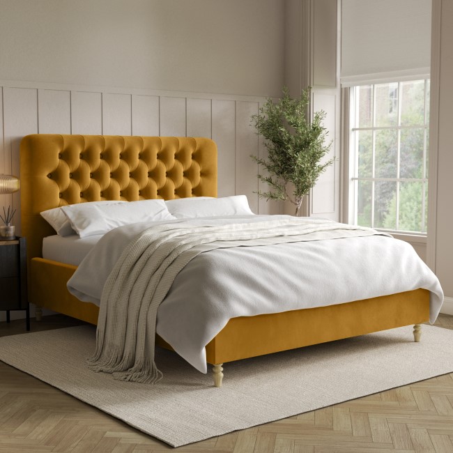 Mustard Yellow Velvet King Size Ottoman Bed with Legs - Pippa