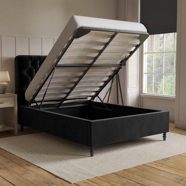 Black Velvet Double Ottoman Bed with Legs - Pippa