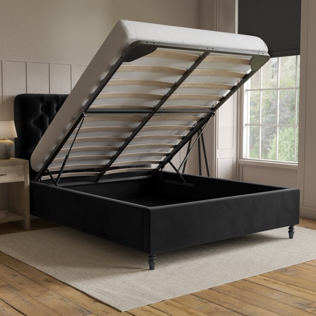 Black Velvet King Size Ottoman Bed with Legs - Pippa