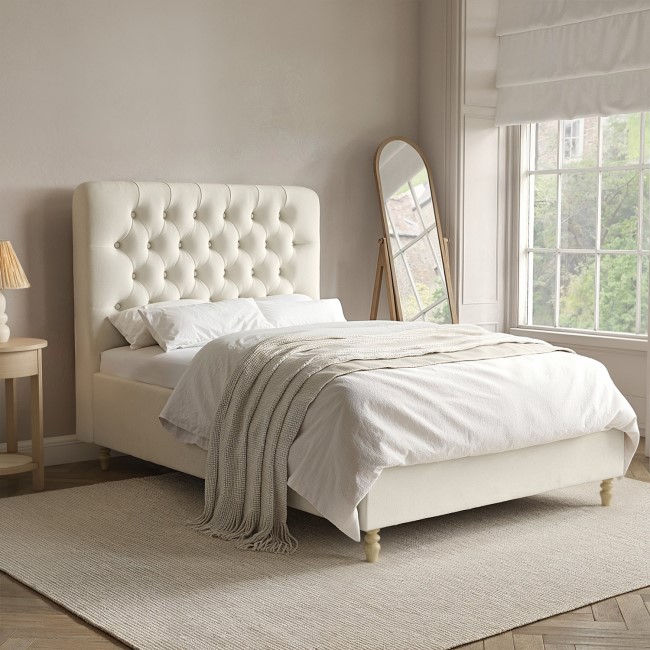 Cream Upholstered Small Double Ottoman Bed with Turned Legs - Pippa