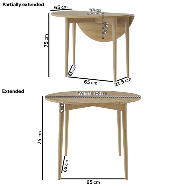 Small Round Oak Folding Drop Leaf Extendable Dining Table - Seats 2 - 4 - Rudy