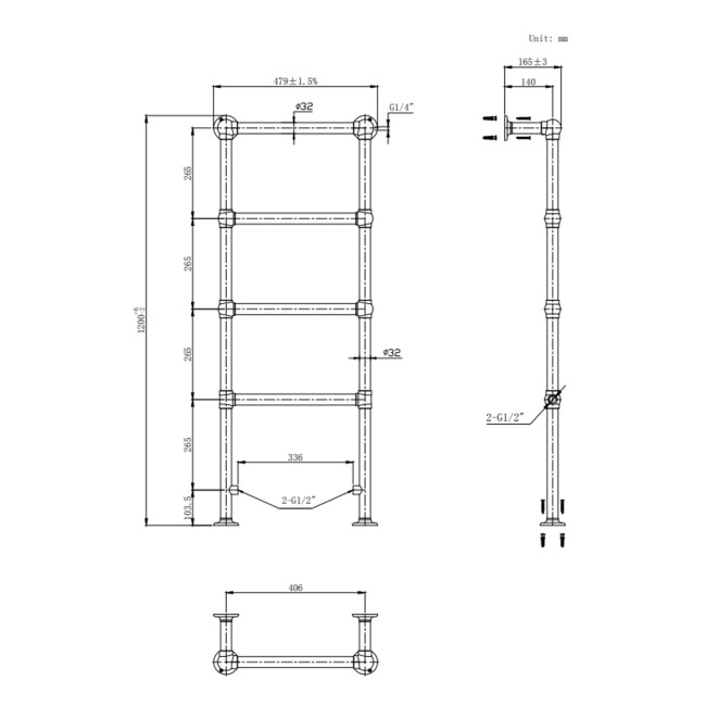 Brass Vertical Traditional Towel Rail Radiator 1200 x 479mm - Regent