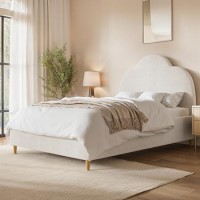 Off-White Boucle Small Double Ottoman Bed with Scalloped Headboard - Roma