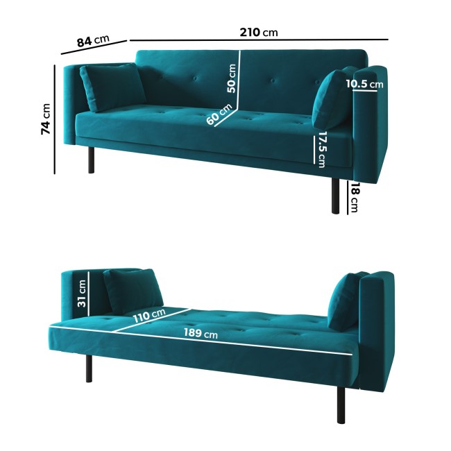 Teal Velvet Click Clack Sofa Bed - Seats 3 - Rory